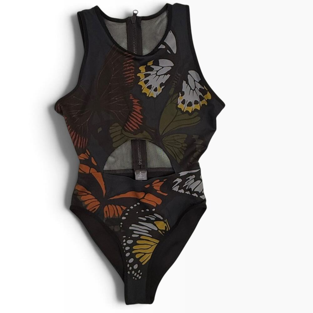Ultracor Butterfly Print Mesh Cutout Racerback Bodysuit Women's Size S NWT
